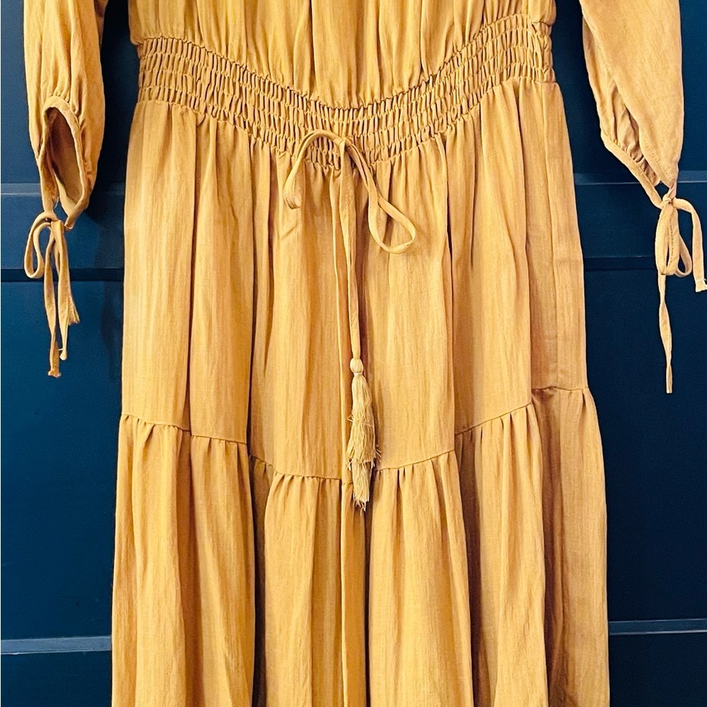 Boutique Boho Mustard 3/4 Tie Sleeve Dress